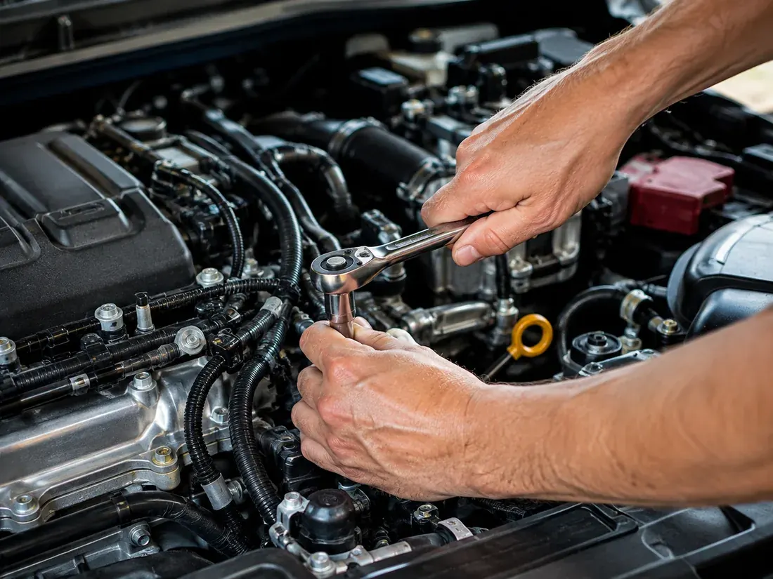 Close-up of a mechanic using a ratchet on an engine